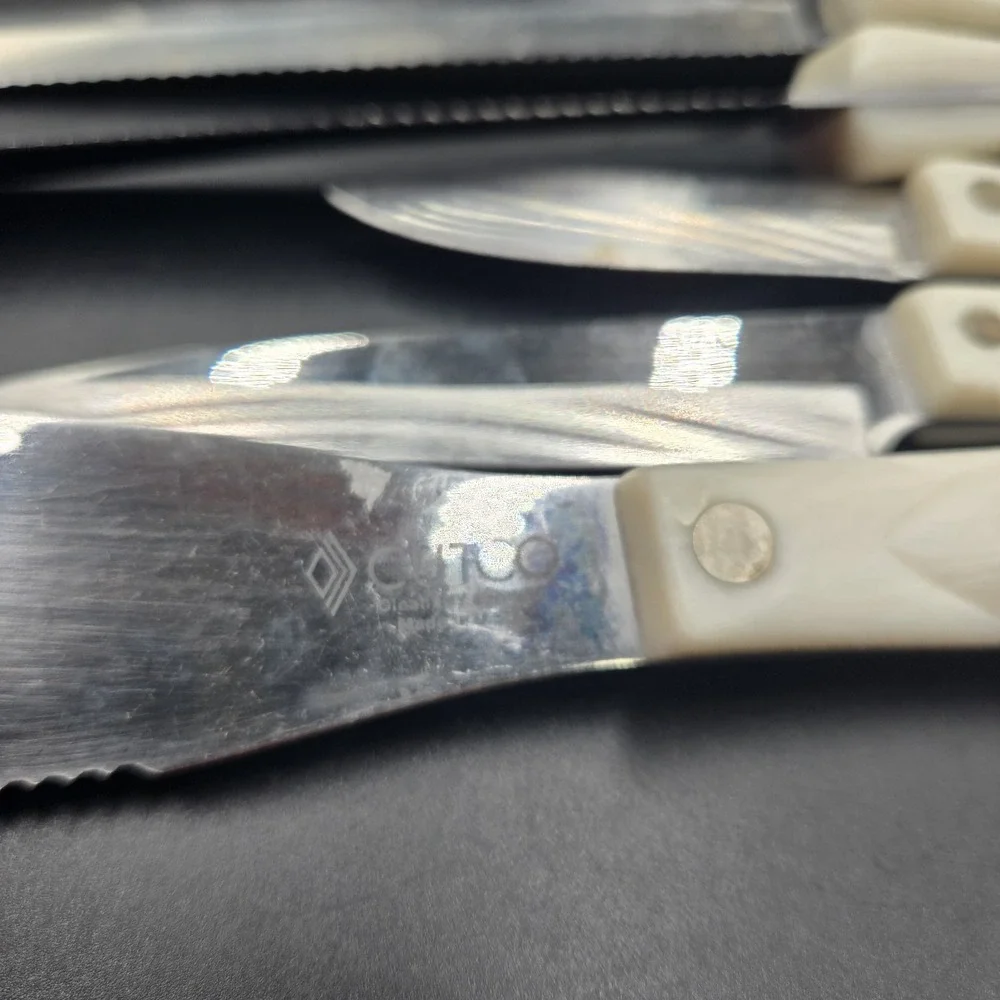 Vintage CUTCO Pearl White Knife Set 14 Piece USA Made Spatula Forks Steak Knives